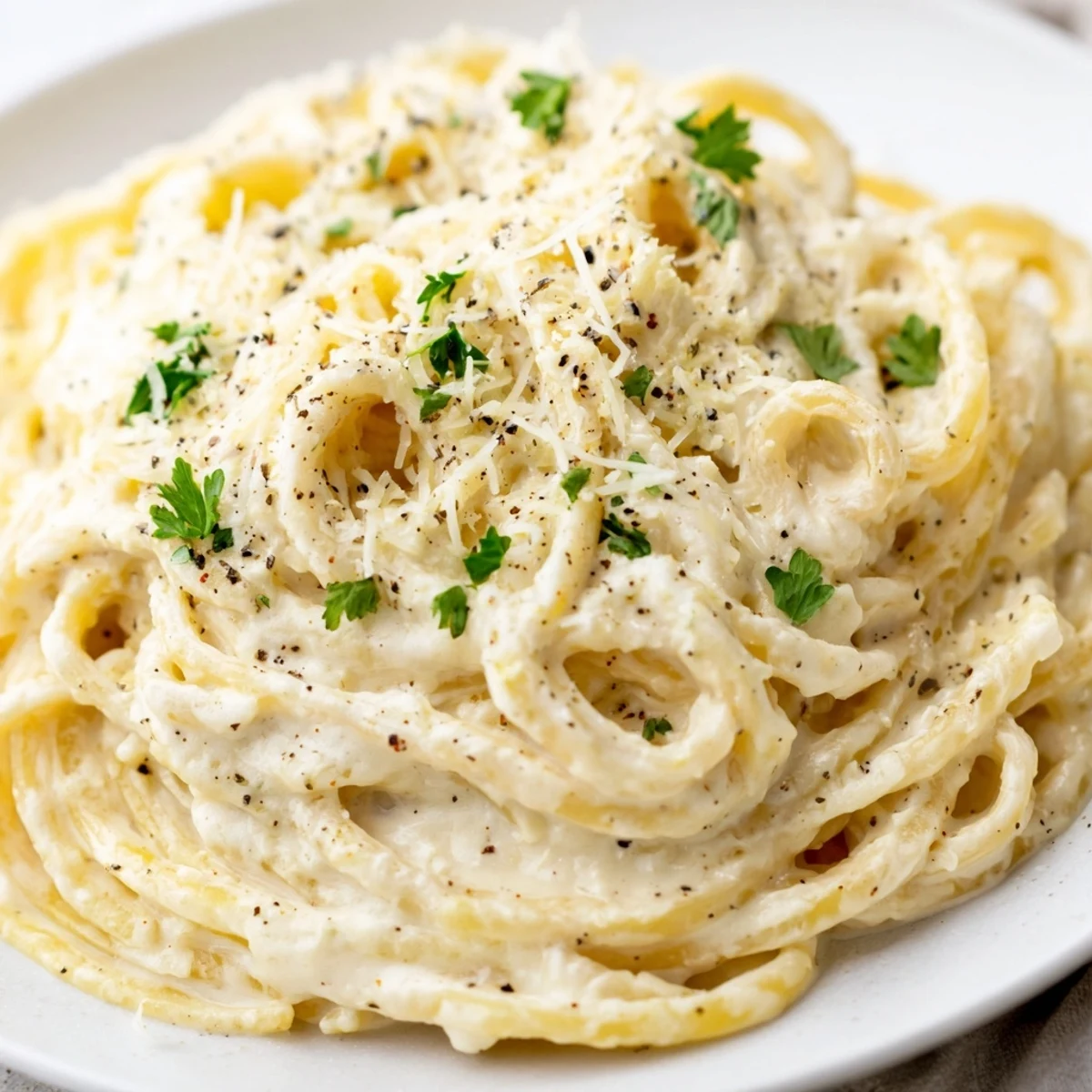 A bowl of fresh Pasta Alfredo Cottage Hack, swirled with parsley and extra Parmesan cheese.