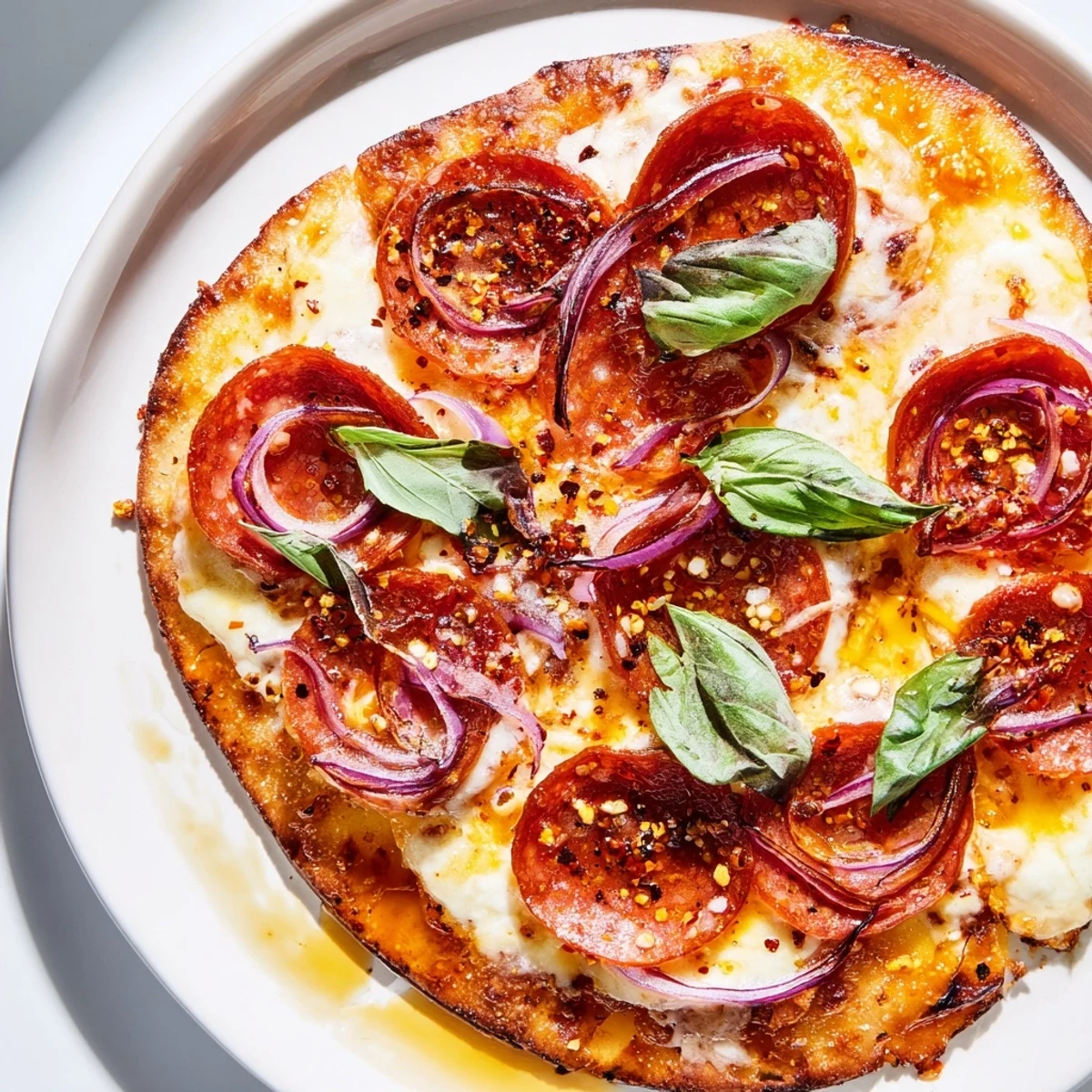 Hot Honey Pepperoni Flatbread, bubbling mozzarella and spicy pepperoni on a golden crust.