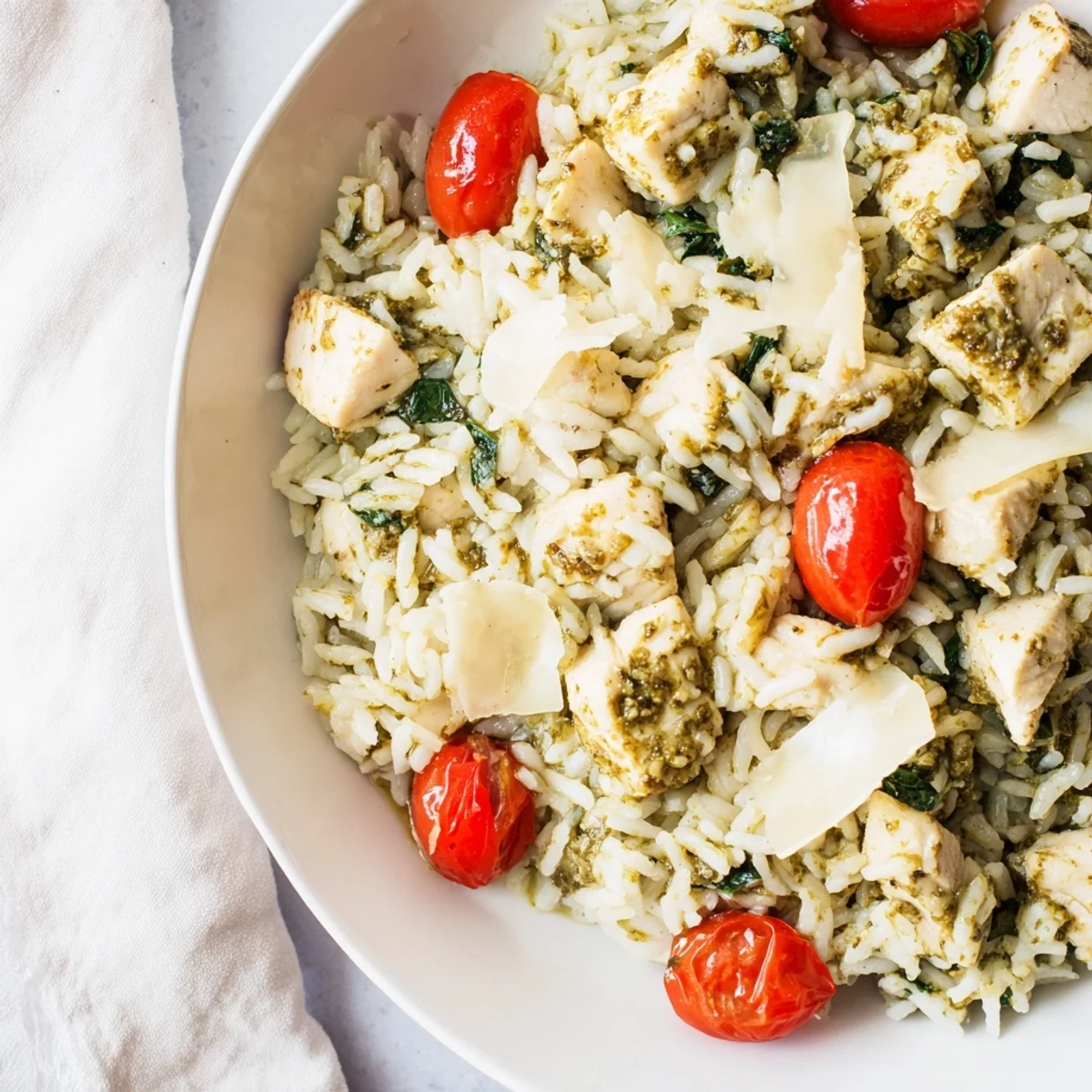 Creamy, golden Chicken Pesto Rice Bake, ready to serve, featuring tender chicken and flavorful pesto sauce.