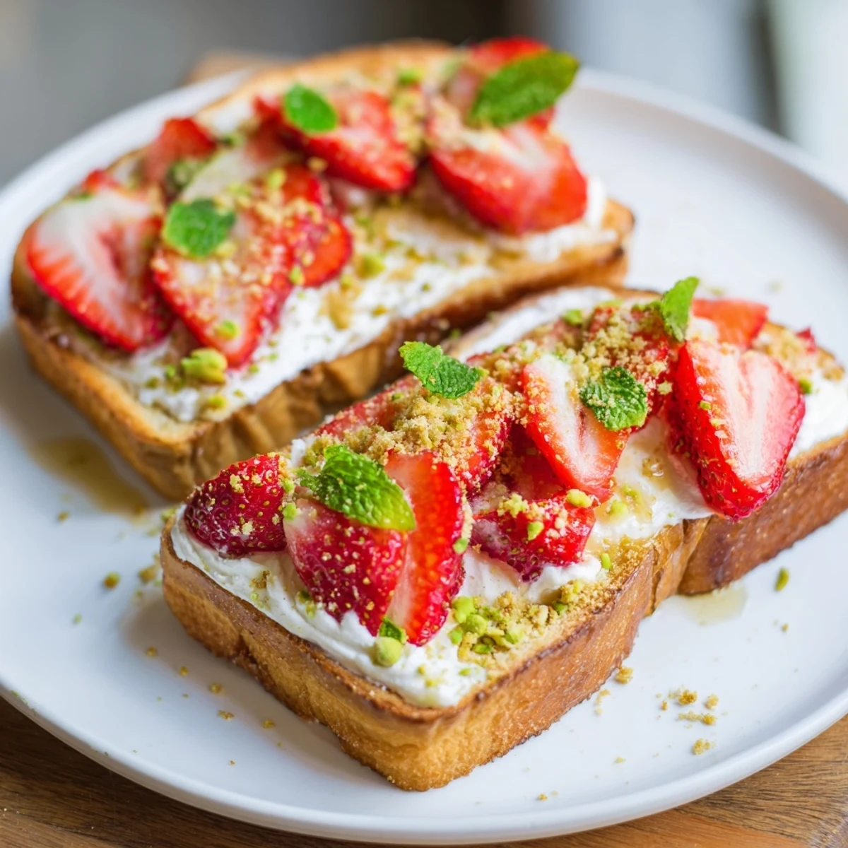 Strawberry Cheesecake Toast: golden toast topped with sweet cream cheese and macerated strawberries, a delightful treat.
