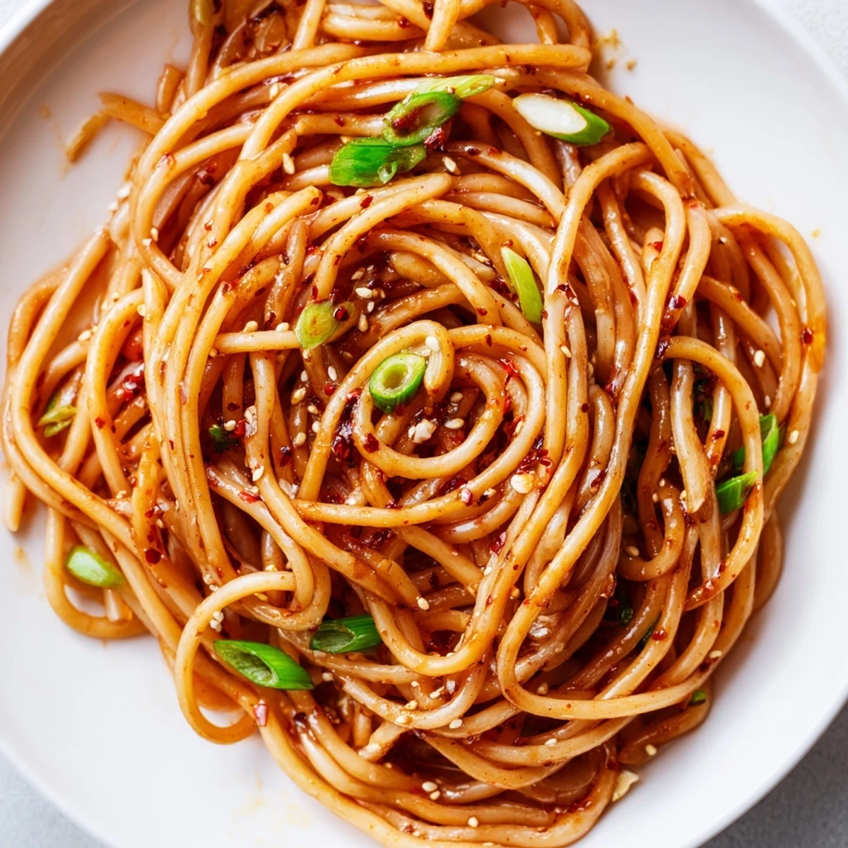 Close-up of vibrant Garlic Chili Oil Noodles with visible chili flakes and fresh scallion garnish.