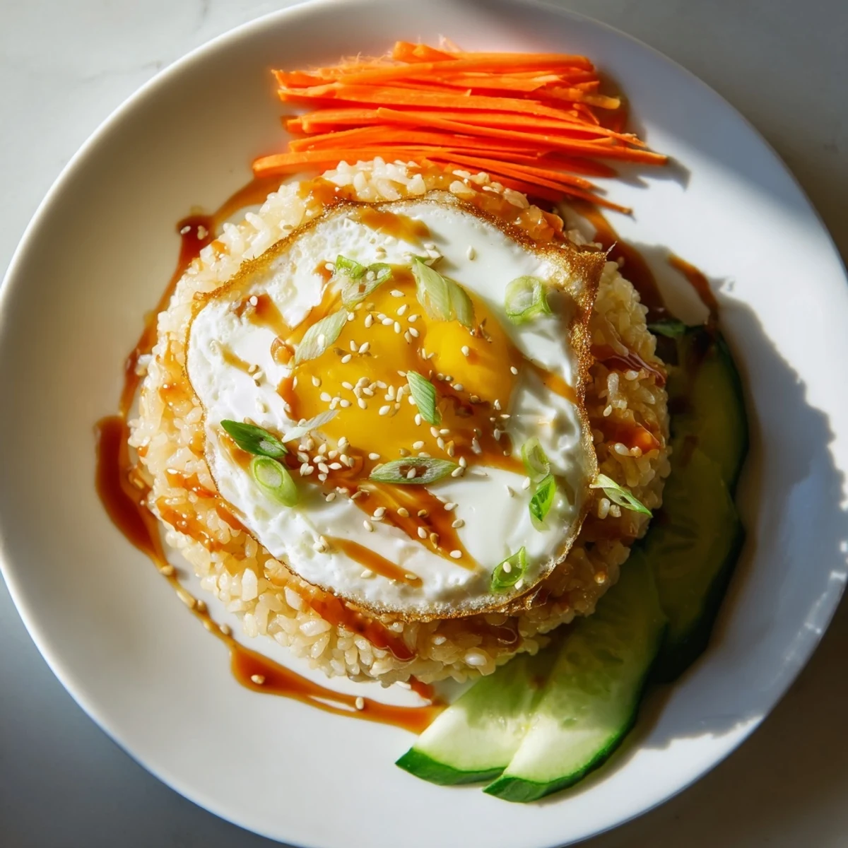 Golden, crispy bottom of a Crispy Egg Rice Bowl topped with a perfectly fried egg.