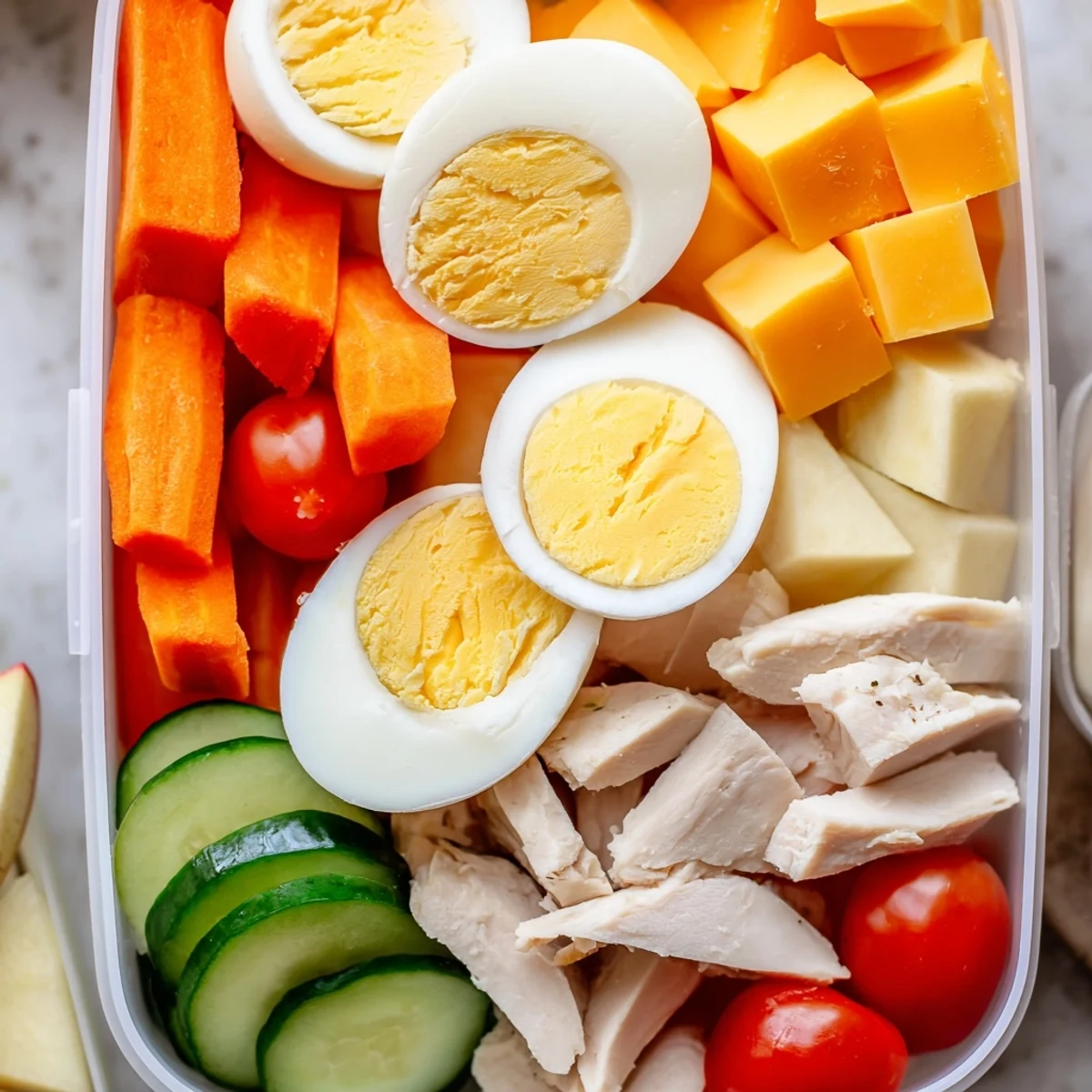 Delicious Protein Snack Boxes: a colorful spread of sliced meats, cheeses, and fresh veggies.