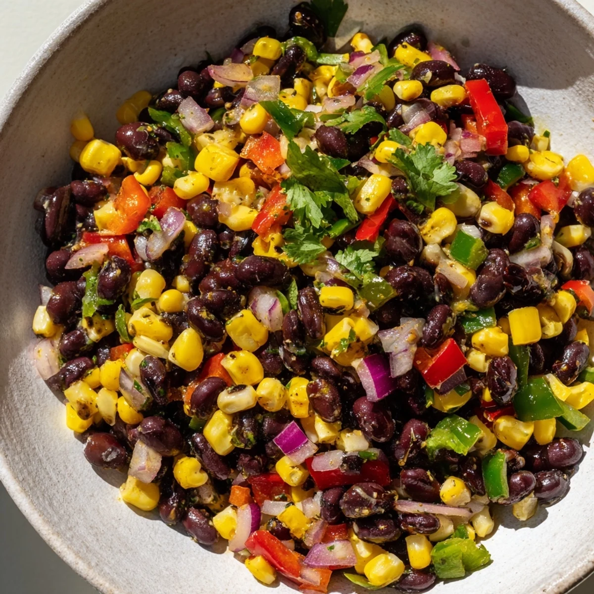 A generous serving of Cowboy Caviar Salad, showcasing the ingredients' textures and bright flavors, appealing!