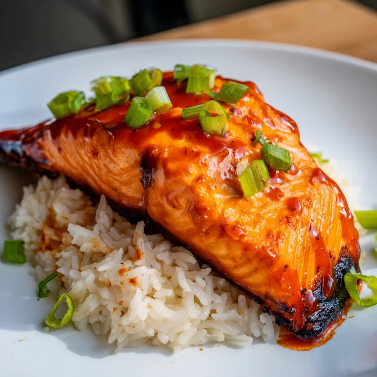 Close-up of perfectly cooked Sticky Orange Salmon, the glaze beautifully caramelized on the fillets to enhance the flavor.