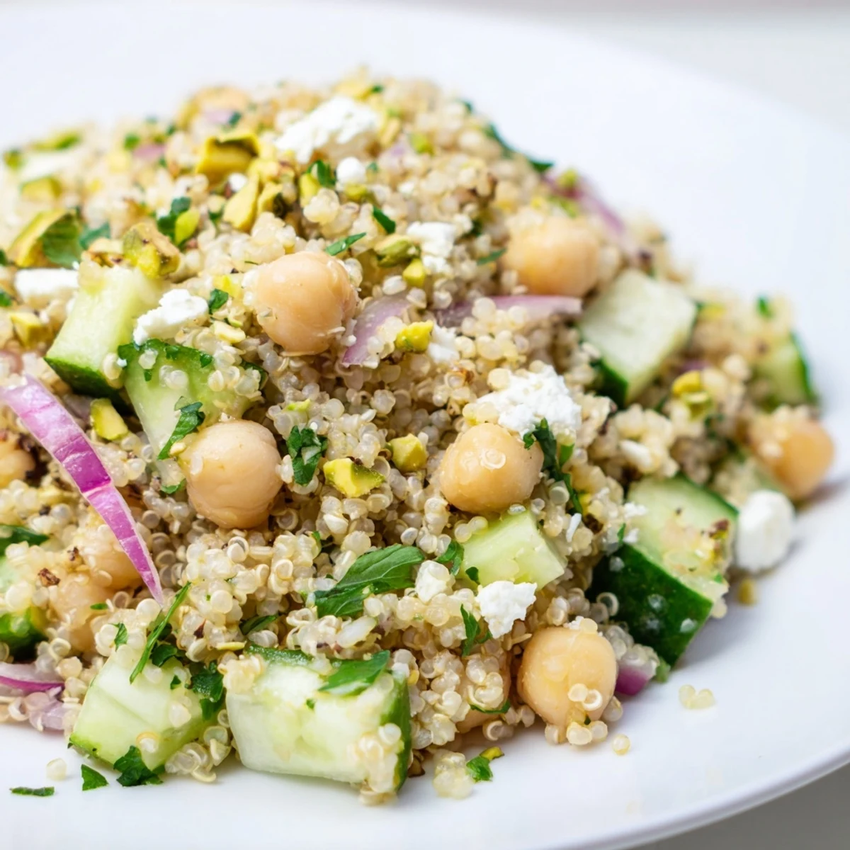 Freshly tossed Jennifer Aniston Salad, full of crunchy cucumber, herbs, and toasted nuts, is ready to serve.