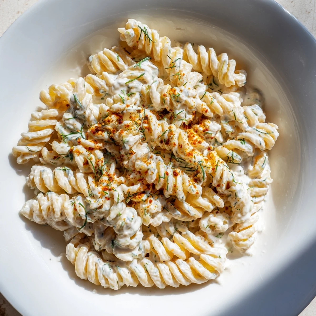 A creamy bowl of Turkish Yogurt Pasta, with spiced butter glistening over tender fusilli.