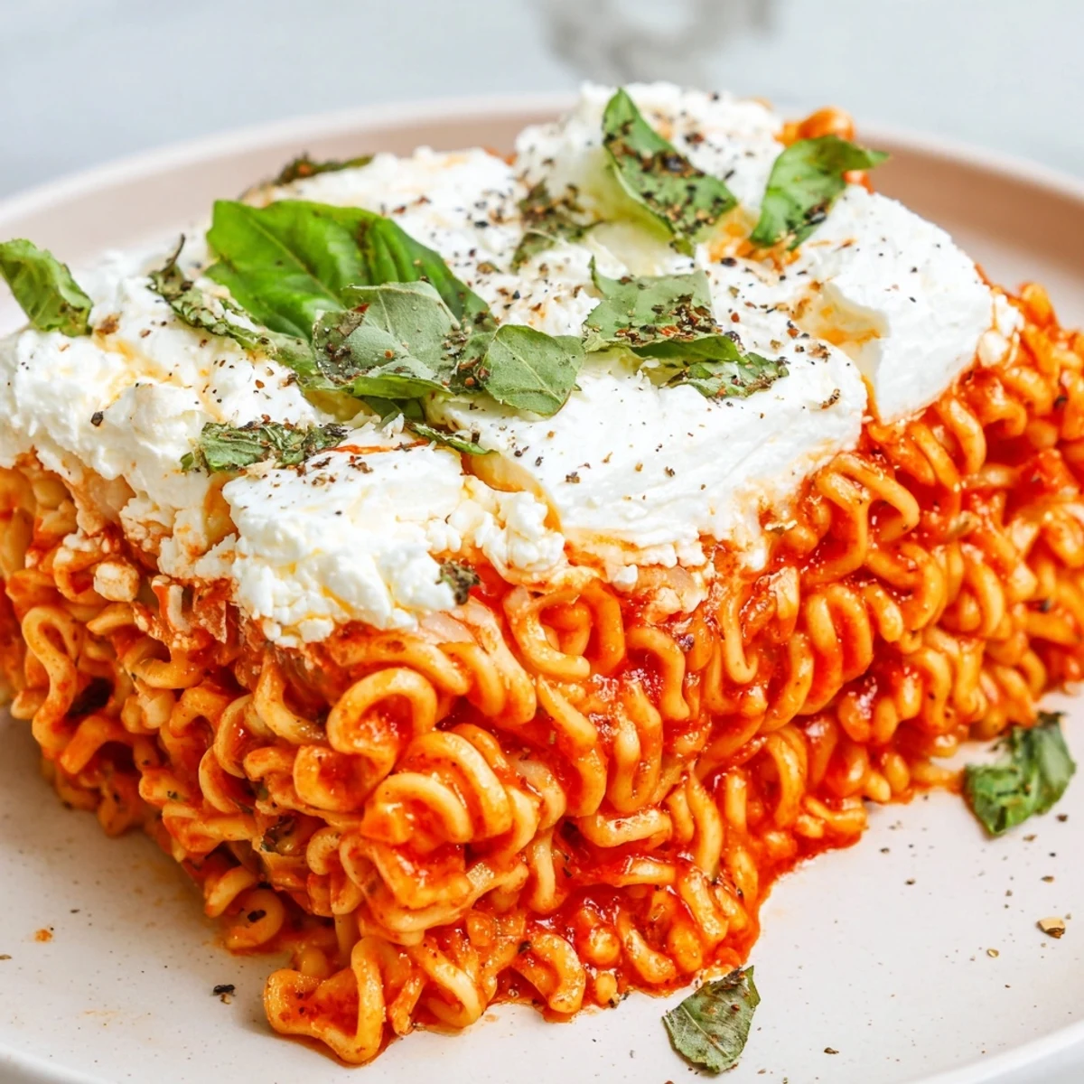 Golden-brown Ramen lasagna topped with bubbly mozzarella, ready to serve with fresh basil.