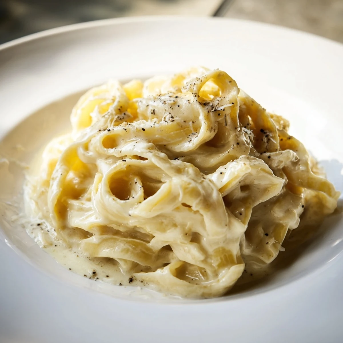 A steaming bowl of Lazy Girl Three-Ingredient Pasta, glistening with Parmesan, ready to enjoy.