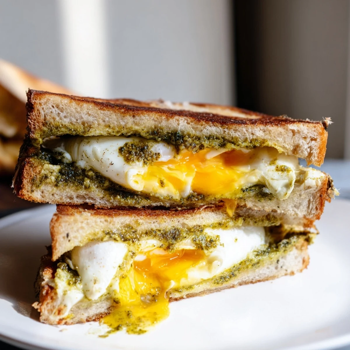 Golden, bubbly Pesto Egg Grilled Cheese with oozy cheese and savory pesto-coated eggs, ready to enjoy.