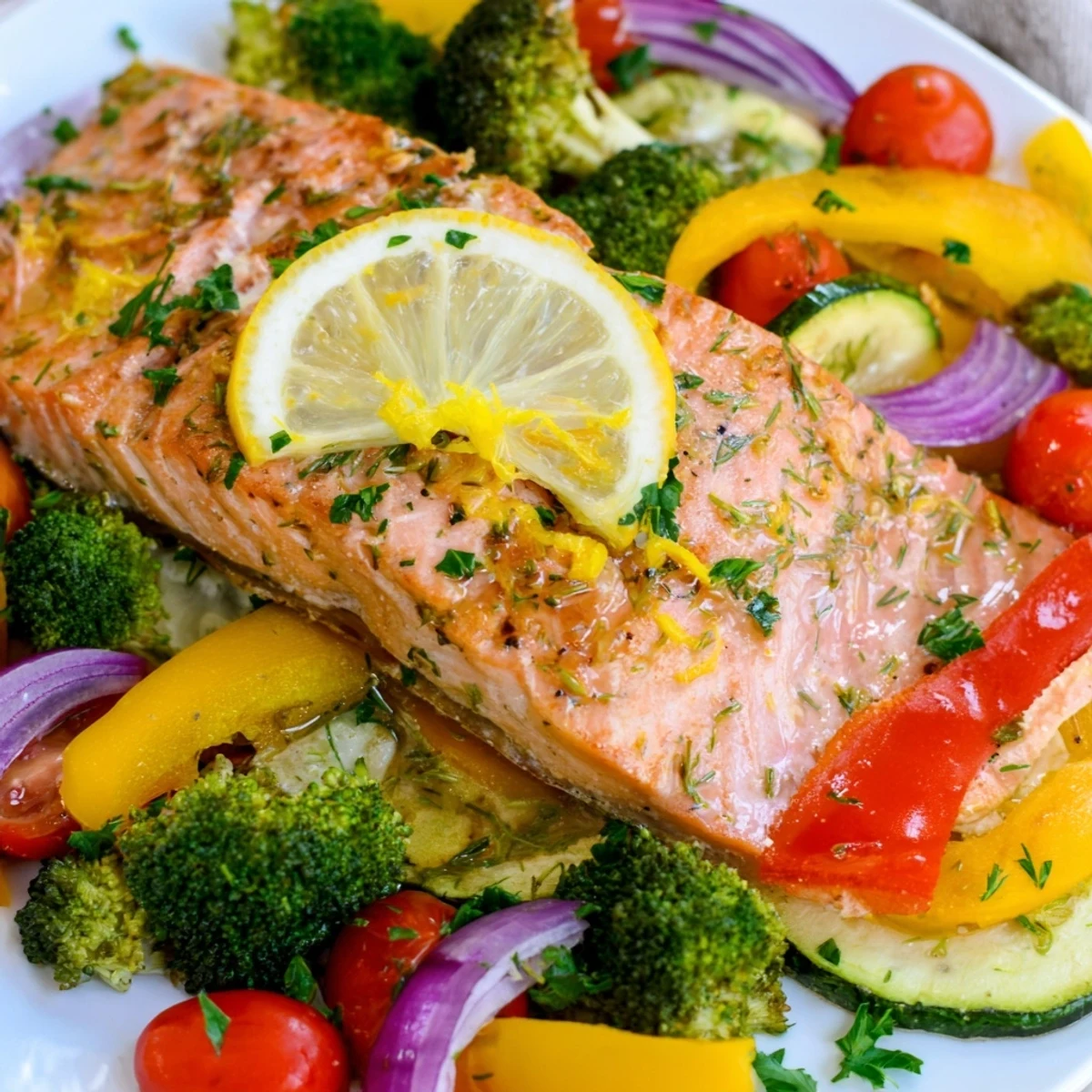 Enjoy a delicious Salmon Sheet Pan Bake, a healthy dinner option with fresh herbs and tender vegetables.