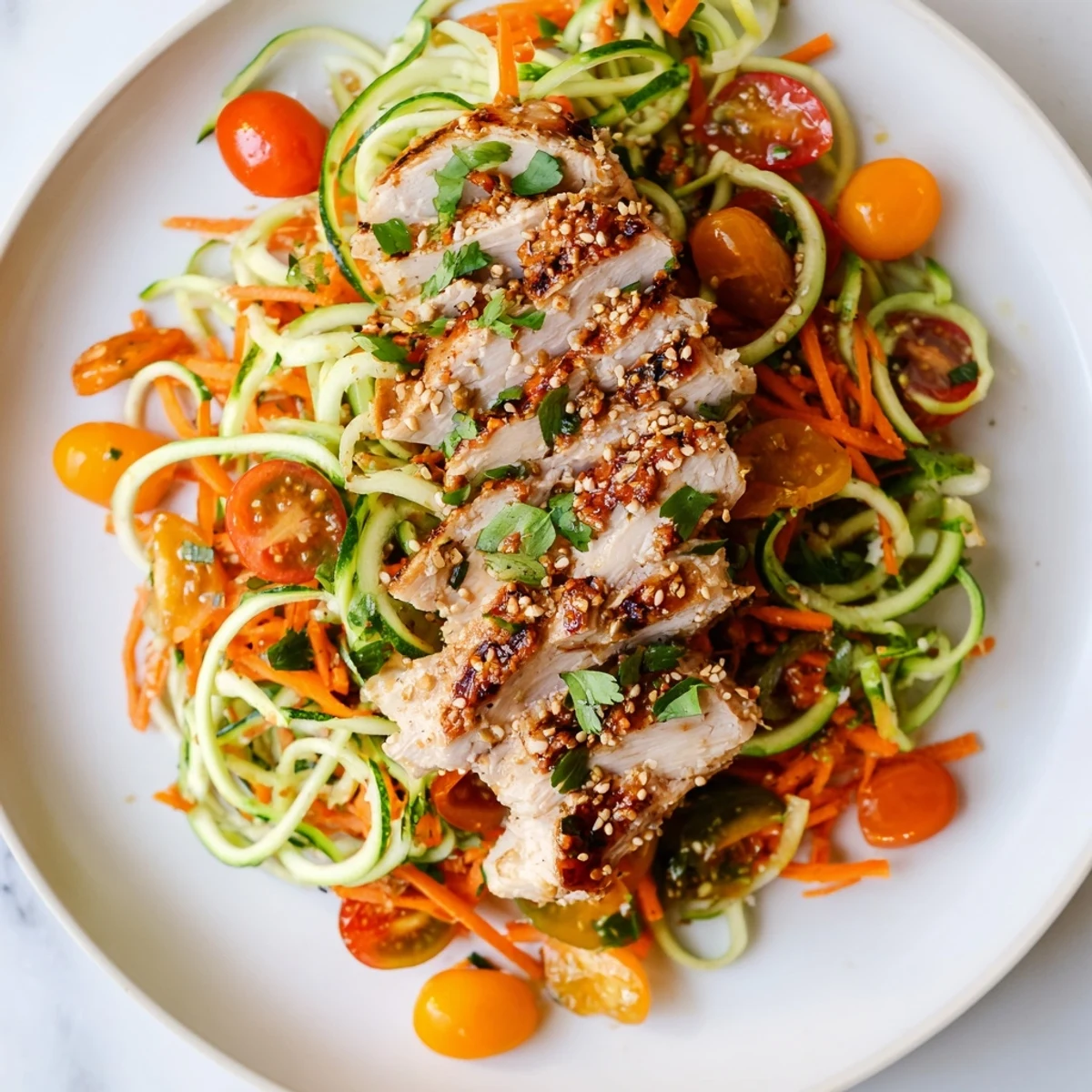 Grilled chicken tops fresh Protein Cucumber Salad; a vibrant, healthy, and high-protein salad you'll love.