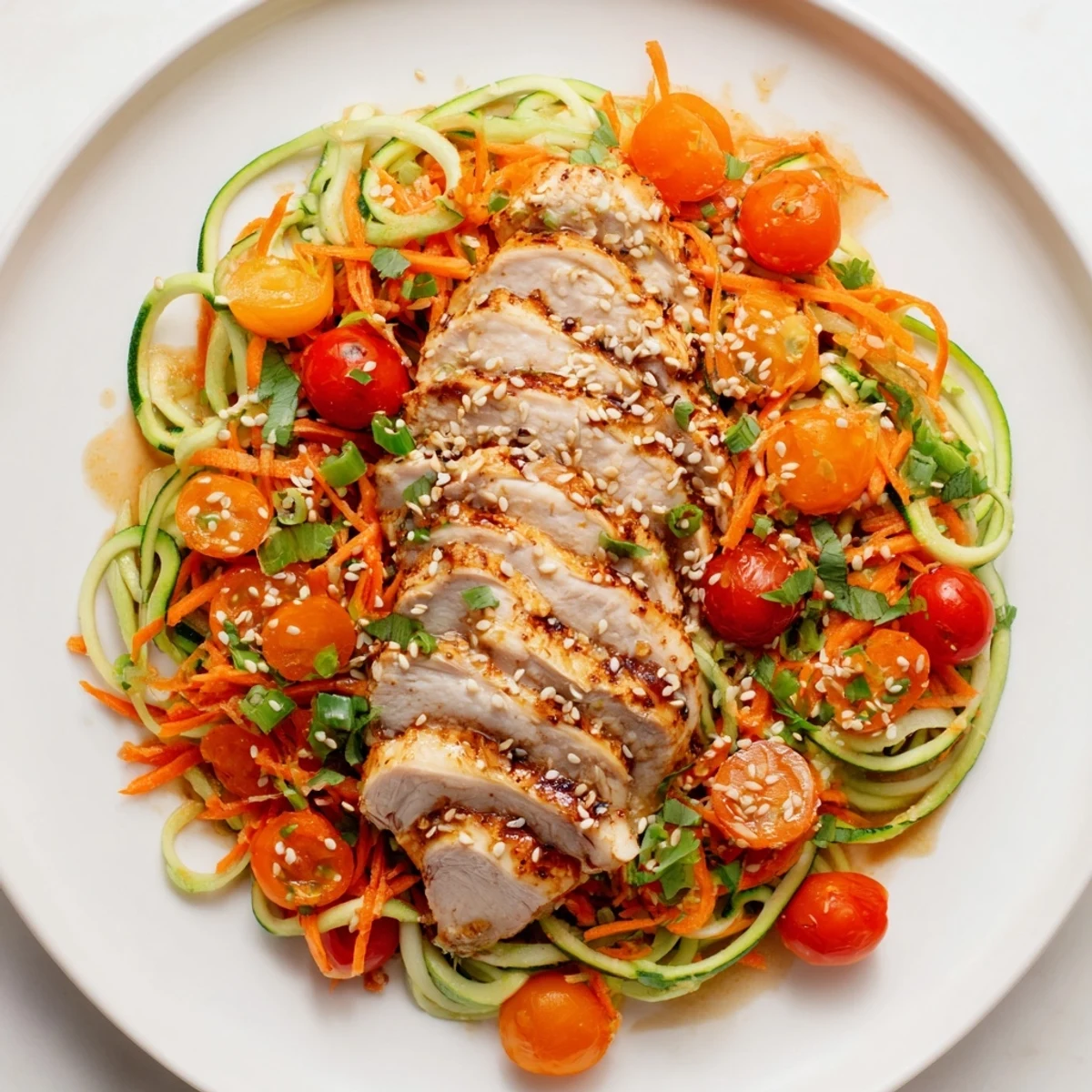Bright, colorful image: chilled Protein Cucumber Salad with grilled chicken and sesame dressing, ready to eat.
