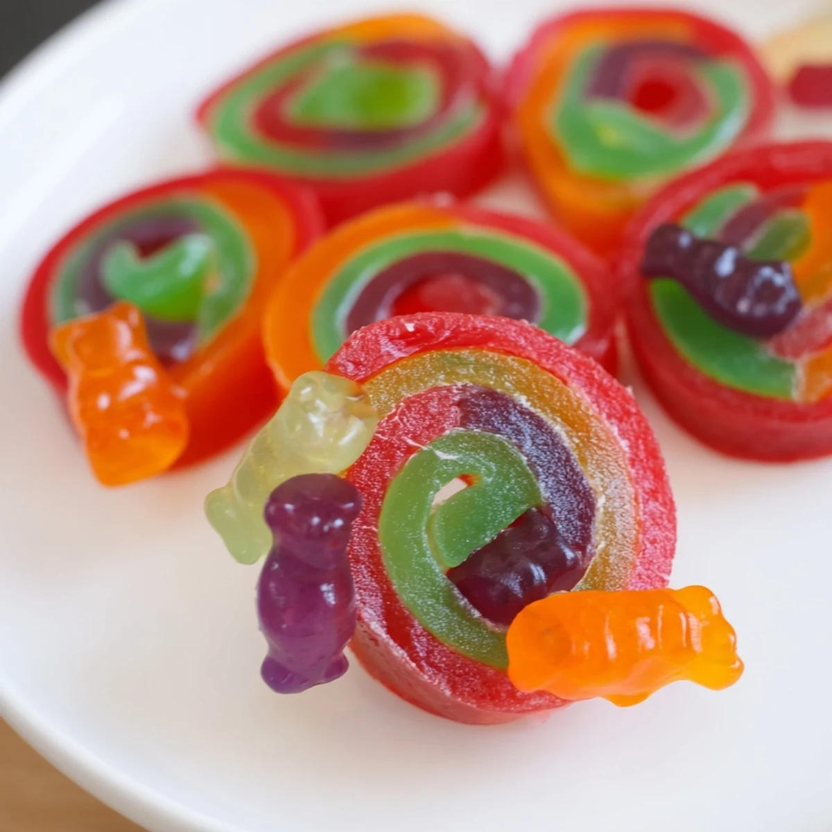 Vibrant Rainbow Candy Roll Ups, beautifully swirled, with colorful gummy candies visible within the fruit roll-up layers.