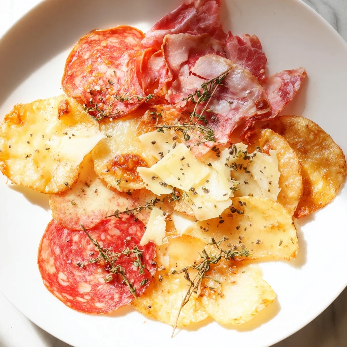 Golden brown charcuterie chips, a delicious appetizer loaded with crispy cured meats and cheese.