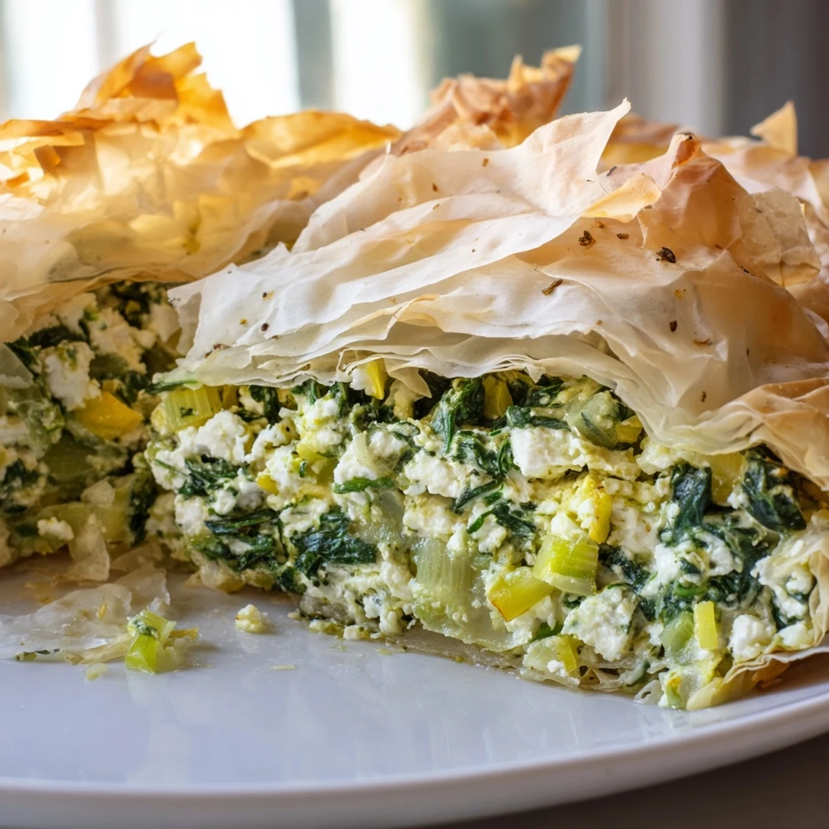A close-up of a freshly baked spanakopita, highlighting the crispy layers and delicious aroma.