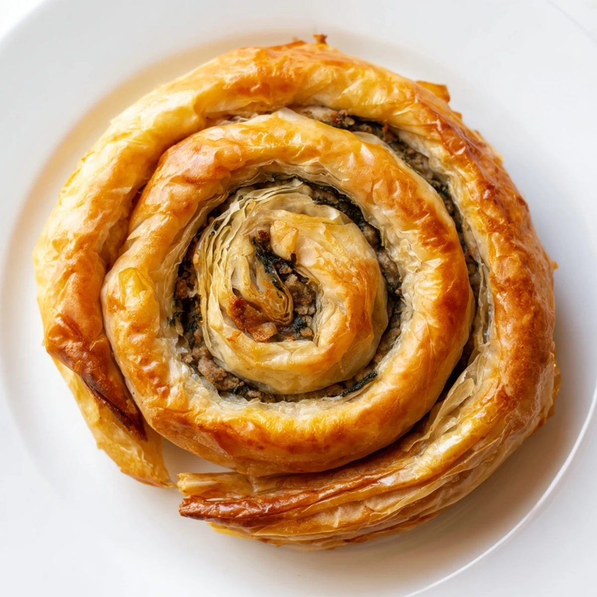Golden-brown, flaky Bosnian Burek pastry spiral filled with savory beef and spinach, ready to serve.