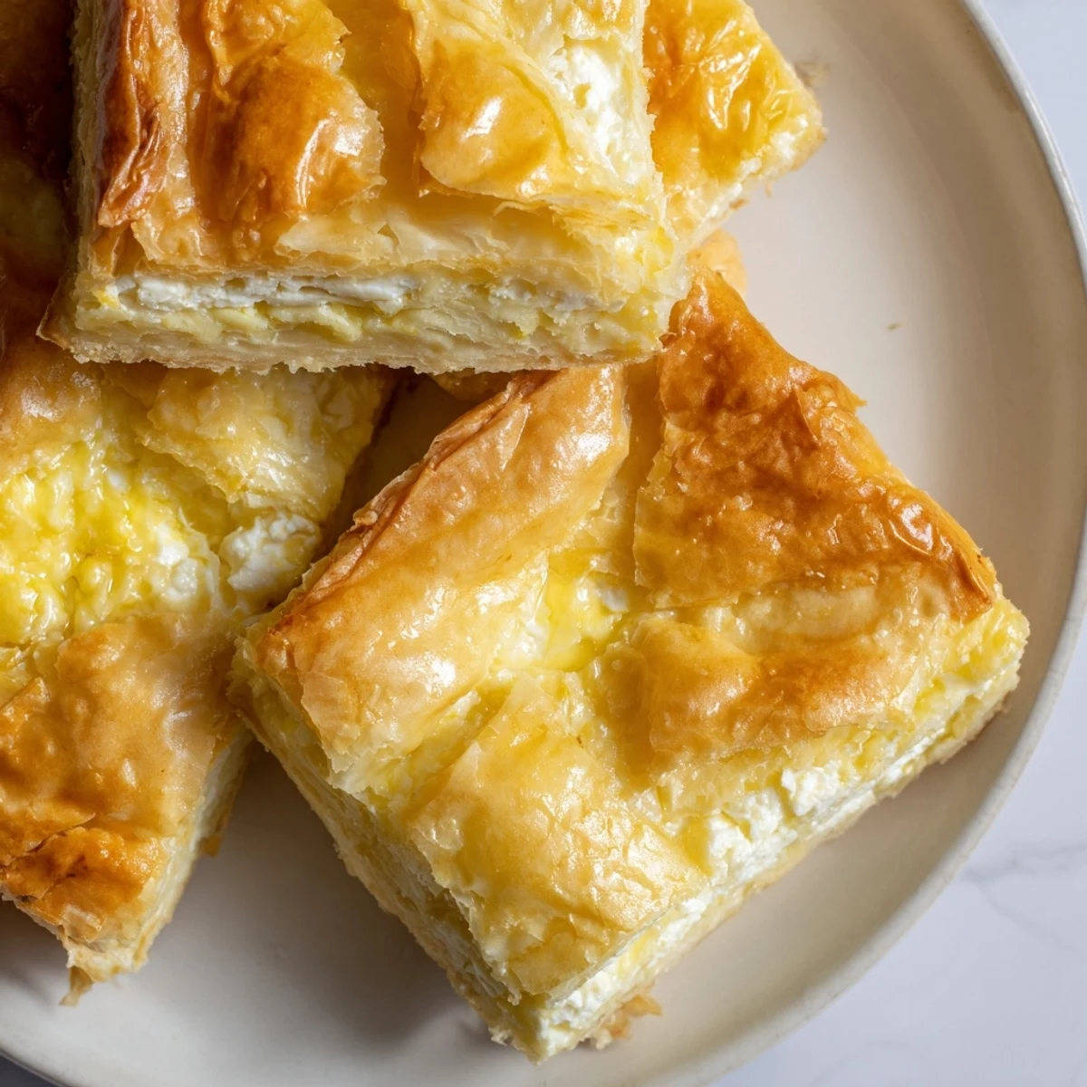Golden Serbian Gibanica, a layered cheese pie with a bubbly, savory, baked texture.