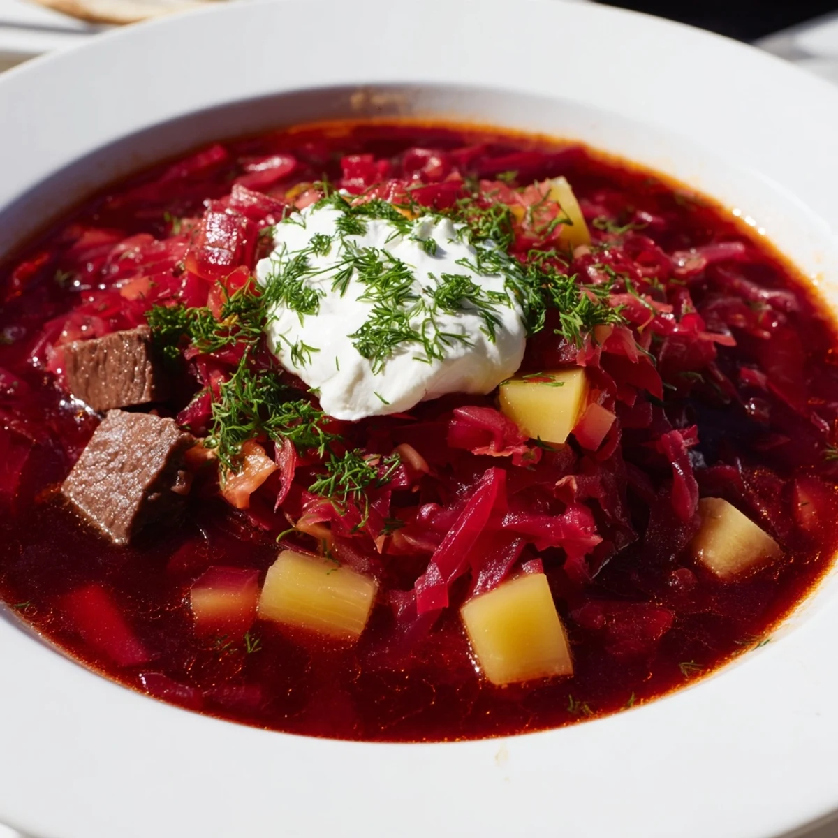 Steaming Ukrainian borscht soup, a hearty bowl of beet-red goodness garnished with sour cream and fresh dill.