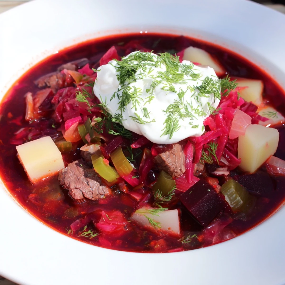 A close-up shot of Ukrainian borscht soup, full of tender beef and vibrant vegetables, ready to eat.