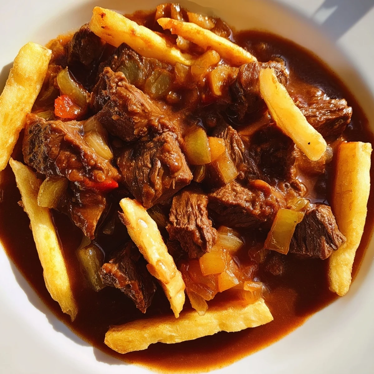 Tender beef Czech Goulash Potato, in a rich sauce, perfectly complements the golden-crispy potato strips.
