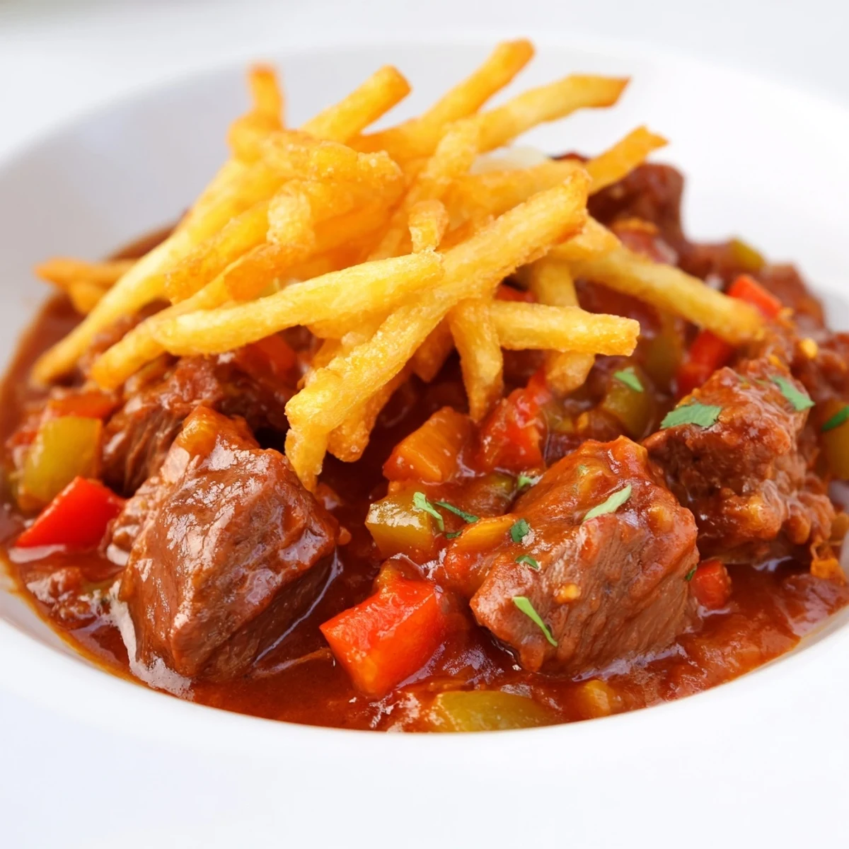 A close-up of Czech Goulash Potato, the hearty stew, with a side of perfectly fried potato.