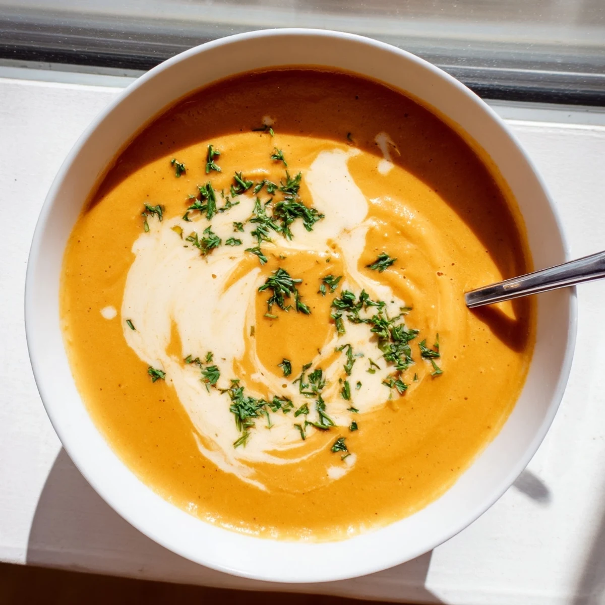A bowl of bright orange carrot ginger soup with a spoonful of roasted carrots, rich and aromatic.