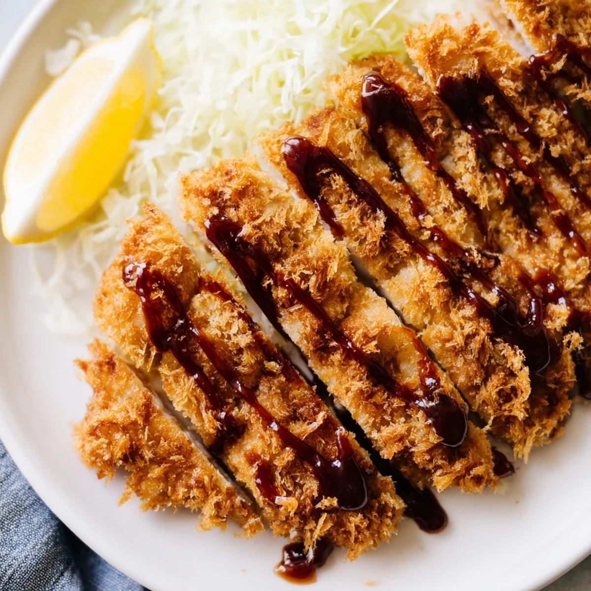 Golden-brown Chicken Katsu Crispy Cutlet slices rest on shredded cabbage with a drizzle of tangy tonkatsu sauce.  