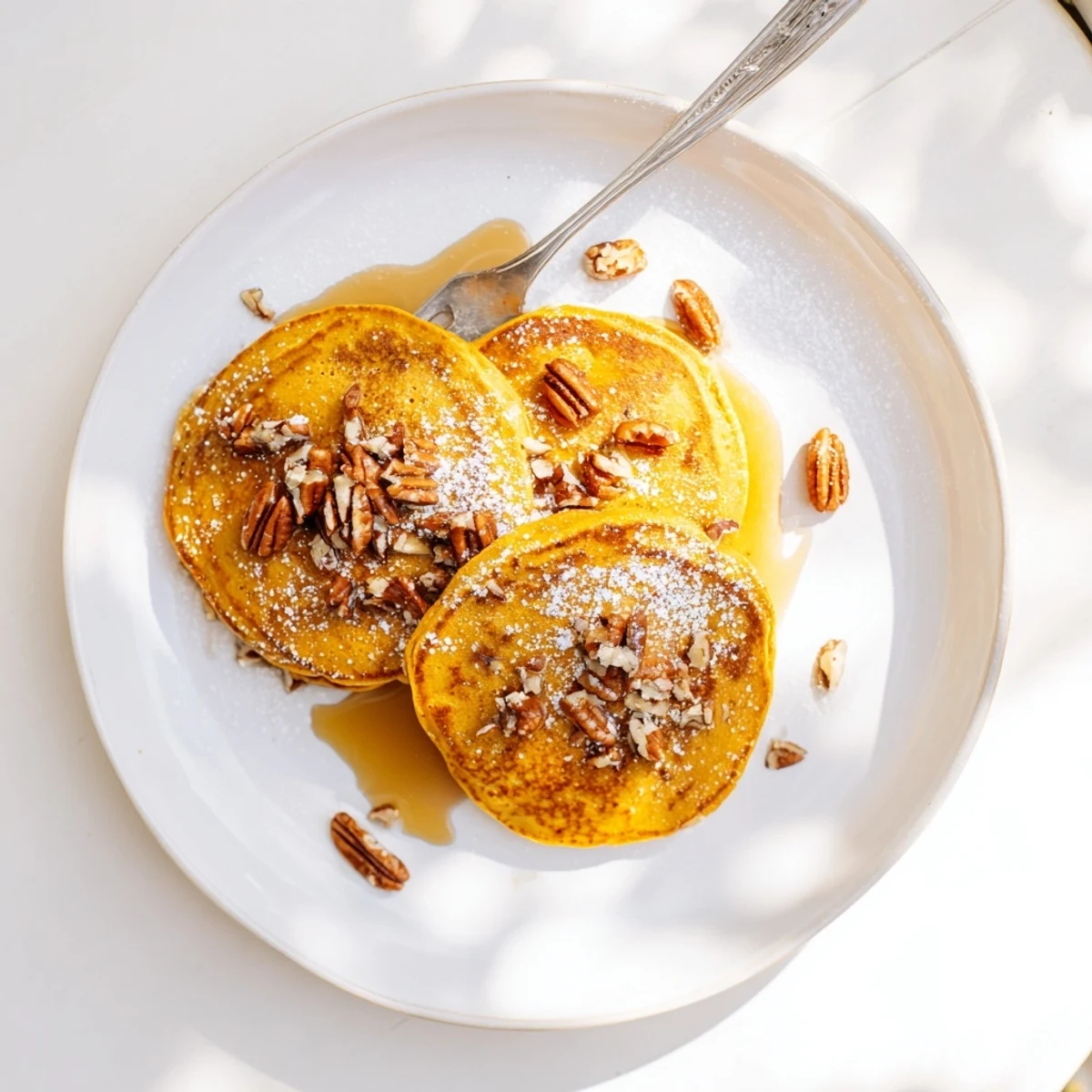 A stack of warm Pumpkin Spice Pancakes topped with a pat of butter and drizzled with maple syrup for a cozy breakfast.