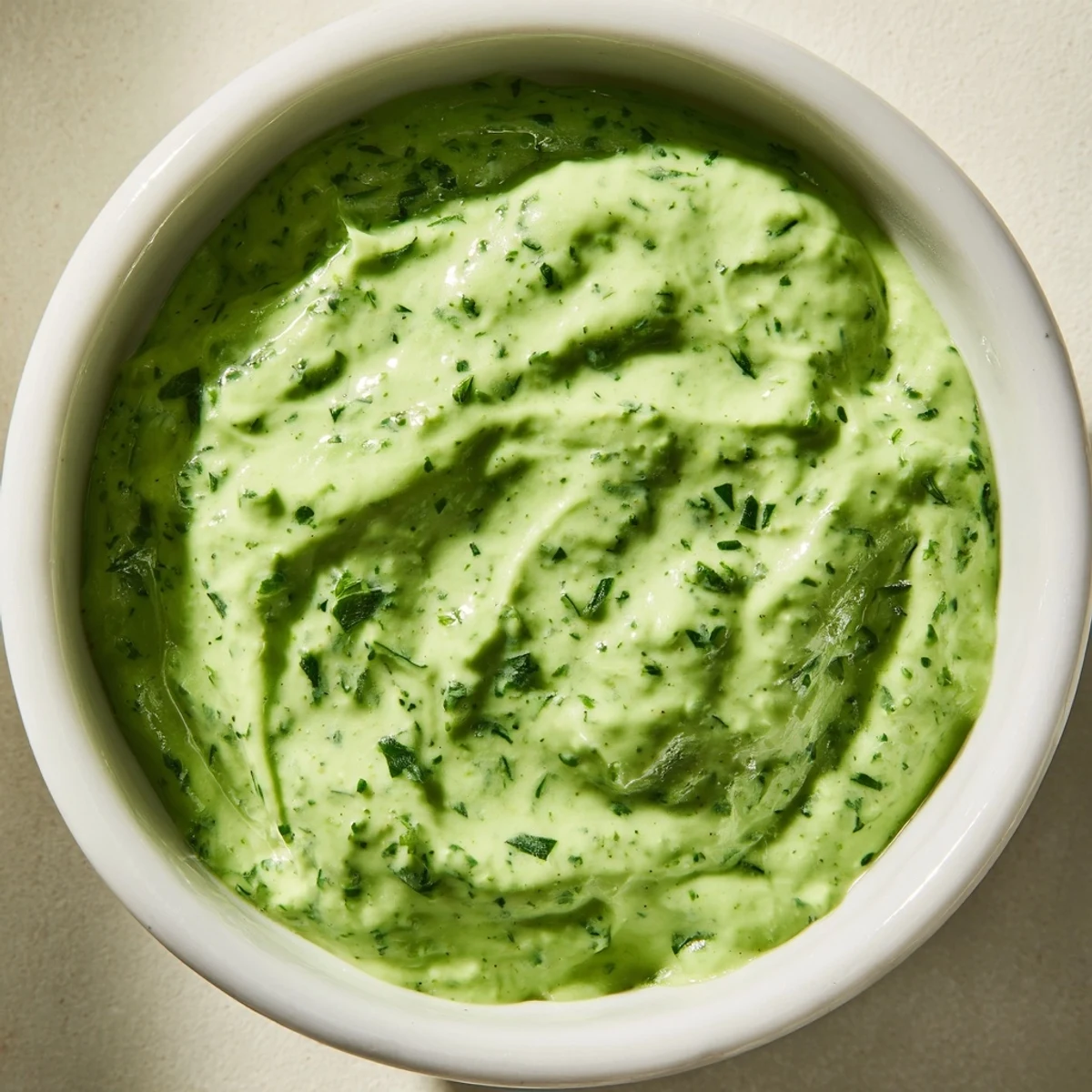 A vibrant green goddess dressing in a glass jar, garnished with fresh tarragon and chives, ready for salad.