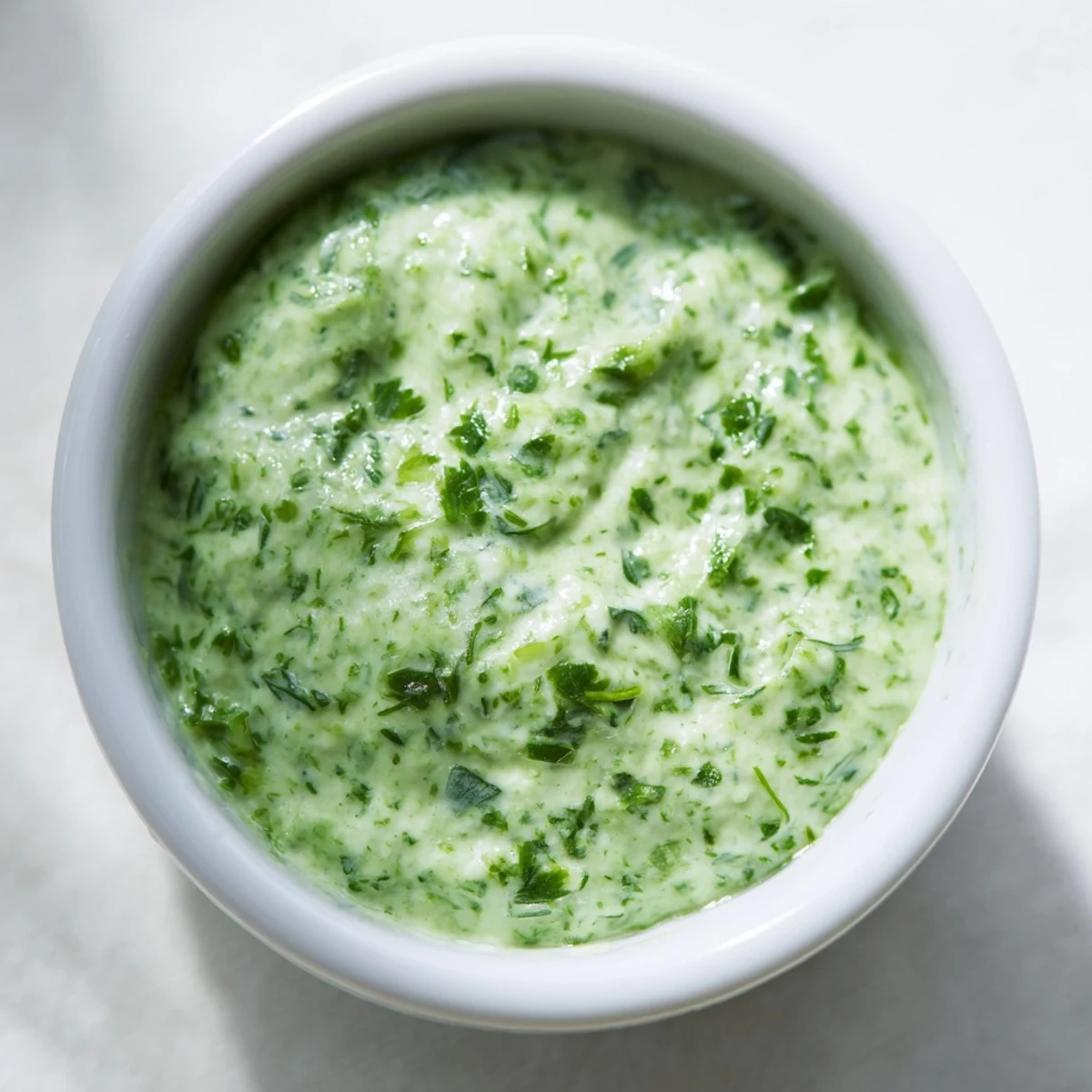 In a bright kitchen, creamy green goddess dressing is drizzled over a colorful mixed green salad for dinner.