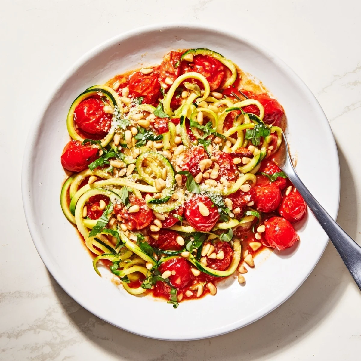 Vibrant zucchini noodles topped with fresh tomato basil sauce and Parmesan cheese.
