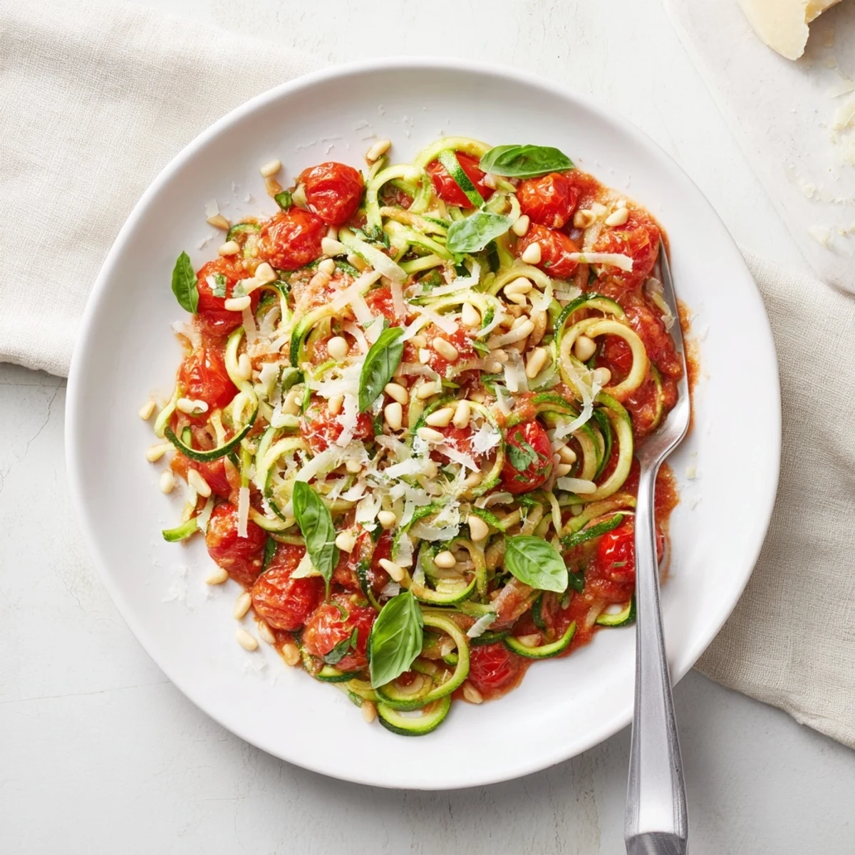 Golden zucchini noodles tossed with creamy avocado pesto, ready to be enjoyed.