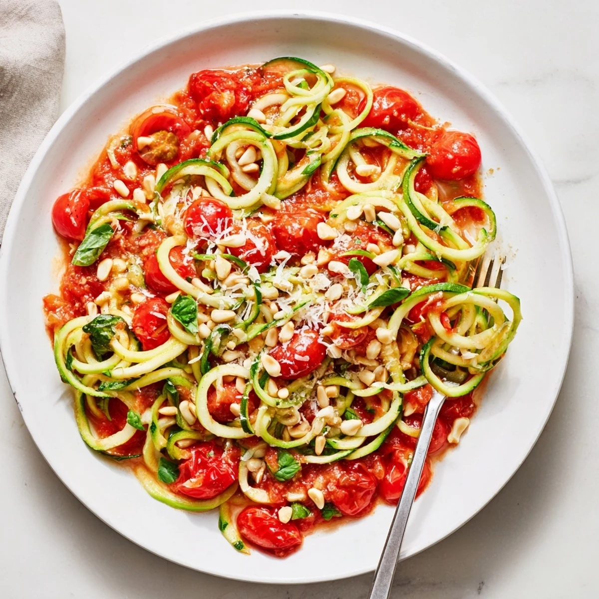 Colorful zucchini noodles with diverse toppings, a healthy gluten-free meal.