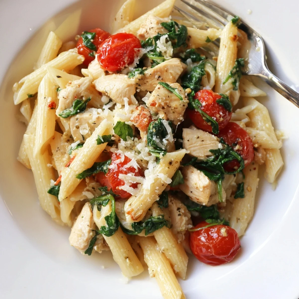 Steaming one-pan lemon herb pasta chicken with bright yellow pasta, cherry tomatoes, and fresh parsley garnish.