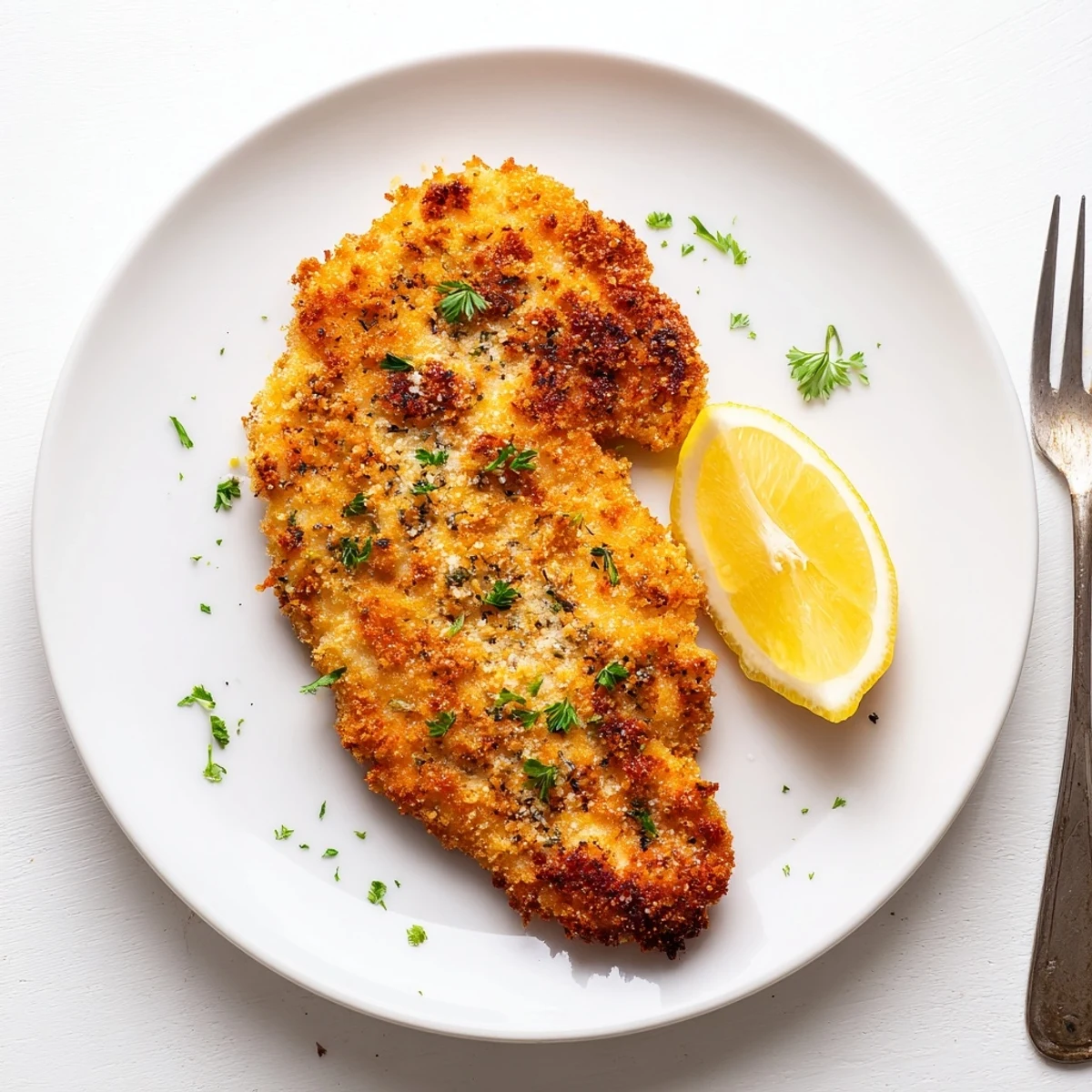 Golden-brown Crispy Parmesan Chicken Cutlets rest on a plate, garnished with fresh parsley and lemon wedges, perfect for a weeknight Italian dinner.