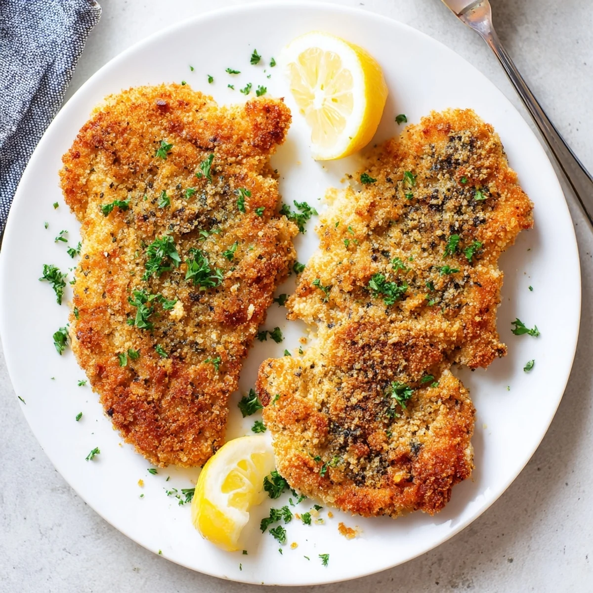 A close-up of Crispy Parmesan Chicken Cutlets shows the crunchy, cheesy breadcrumb coating and tender, juicy interior ready to be served.