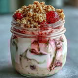 Velvety overnight oats layered with juicy strawberries and a hint of vanilla, finished with a sweet graham cracker crumble.  