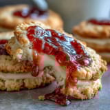 Delicate thumbprint cookies with a swirl of clotted cream and strawberry jam, perfect for an elegant teatime spread.  
