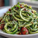 Light and refreshing zucchini noodles coated in fragrant raw pesto, garnished with basil leaves and Parmesan shavings for an Italian-inspired meal.