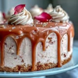 Close-up of Bridal Shower Rosé Velvet Cake moist layers with creamy frosting, decadent gold drip accent.