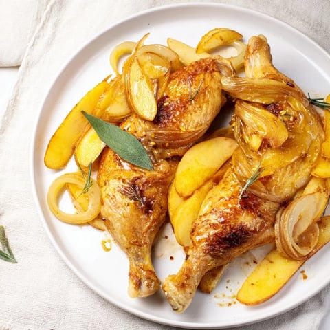Golden brown Easy Cider-Glazed Chicken Thighs nestle beside sweet apples, glistening with a savory glaze.