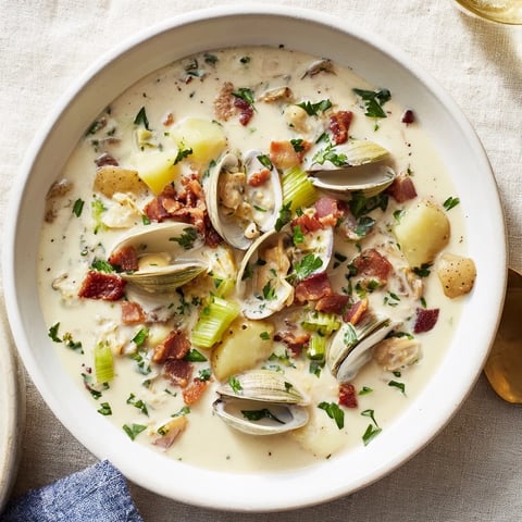 A steaming bowl of New England Clam Chowder, brimming with creamy broth and fresh clams.