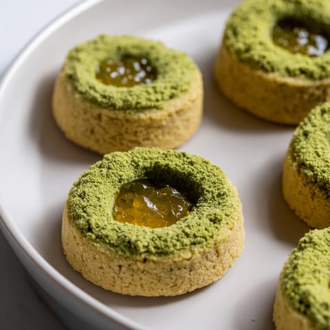 Vibrant matcha cranberry shortbread thumbprint cookies, a delicious treat perfect with tea.
