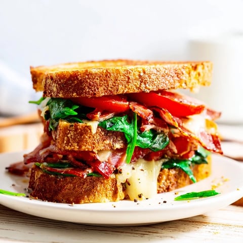 Crispy Turkey Bacon, Spinach & Tomato Grilled Cheese with melty cheese, perfect for lunch.