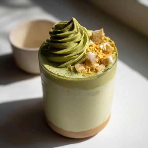 Iced Matcha with Toasted Coconut and Gingerbread, a beautifully layered festive beverage.