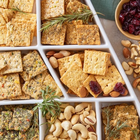 Holiday crackers arranged on a platter, ready to be enjoyed with cheese and dips for a party.