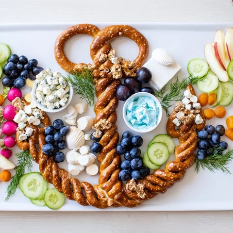 A beautifully arranged Anchor Maritime Board with pretzels and colorful fresh food is ready.
