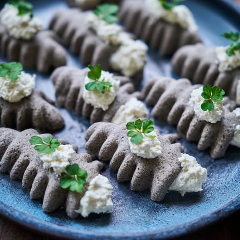 The stormy sea appetizer showcases wavy dark crackers topped with creamy goat cheese whitecaps; a delicious visual.