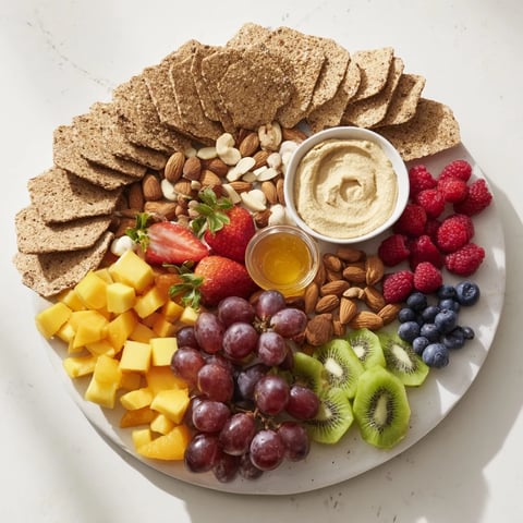 A vibrant "Hidden Oasis" appetizer: fruits, nuts, and crackers encircling creamy dips for sharing.